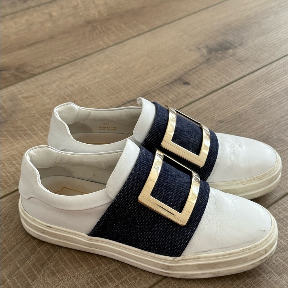 Authentic Roger Vivier Denim White Sneakers with Buckle